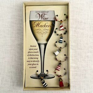 Vintage Boston Warehouse Lighthouse Wine Markers Set Of 6 Glass Charms Coastal